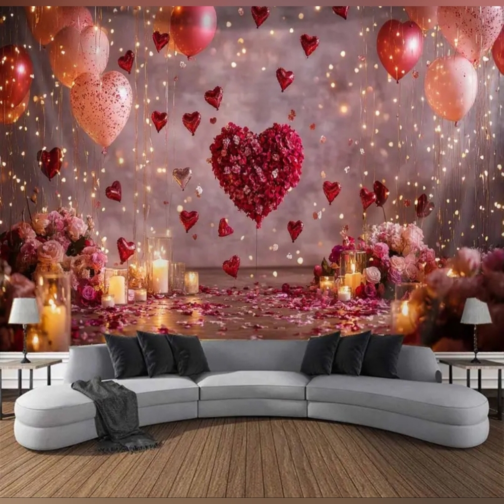 Red Pink Heart Balloon Romantic Party Backdrop Tapestry 59x51 NEW  V1